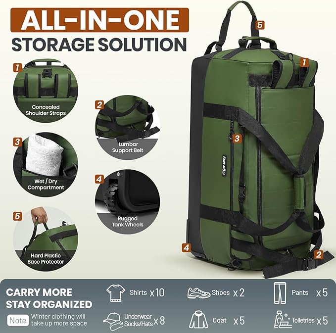 Fanwoli 30'' Rolling Duffel Bag with Wheels - No-Sag Design for Heavy Loads, 100L Waterproof Foldable Luggage w/Hidden Backpack Straps & Waist Support Compartment, Lightweight Travel & Gym