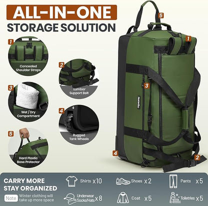 Fanwoli 30'' Rolling Duffel Bag with Wheels - No-Sag Design for Heavy Loads, 100L Waterproof Foldable Luggage w/Hidden Backpack Straps & Waist Support Compartment, Lightweight Travel & Gym