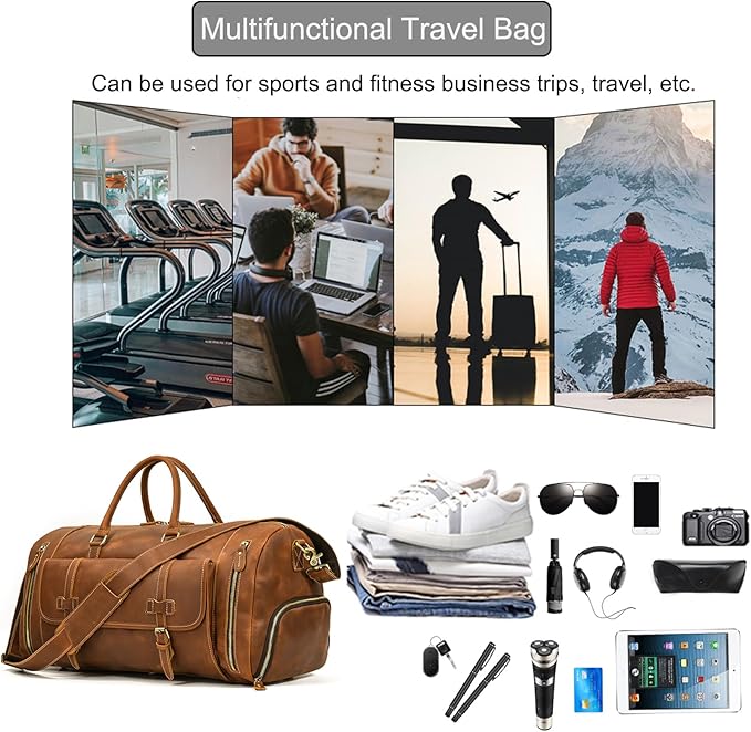 Full-grain Genuine Leather Travel Bag Large Capacity Duffel Luggage Bag with Shoe Compartment, Men Women Shoulder Bag for Weekend Holiday Business Trip, Light Brown