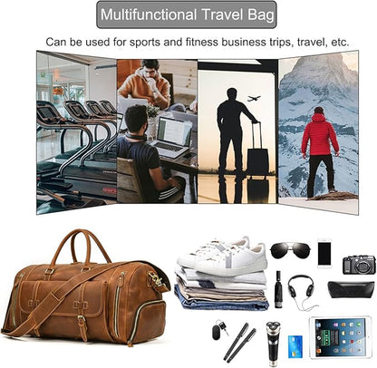 Full-grain Genuine Leather Travel Bag Large Capacity Duffel Luggage Bag with Shoe Compartment, Men Women Shoulder Bag for Weekend Holiday Business Trip, Light Brown