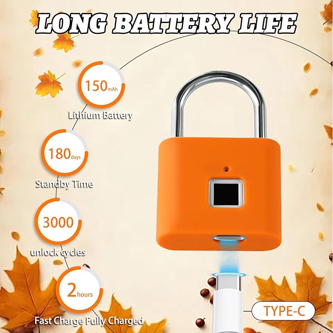 UMIKSMART Padlock, Keyless Fingerprint Padlock with USB Charging, Gym Lockers, School Lockers, Luggage, Storage Boxes, Cabinets, Backpack, Thanksgiving Gifts (Autumn Harvest Orange)