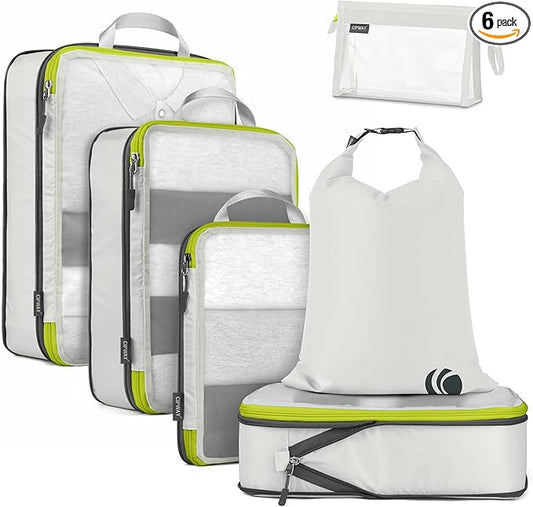 Cipway Compression Packing Cubes, See Through Mesh Luggage Organizer Bags, Travel Essentials for Carry on Suitcase with Laundry Bag and Clear Toiletries Bag（6 Pcs,White）
