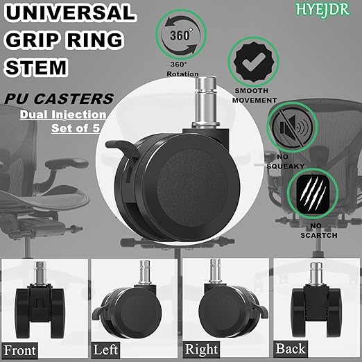 Office Chair Wheels with Brakes, 2.36"(60mm) Locking Chair Caster Replacement for Carpet and Hardwood Floors, Rolling Stool Casters (Set of 5)