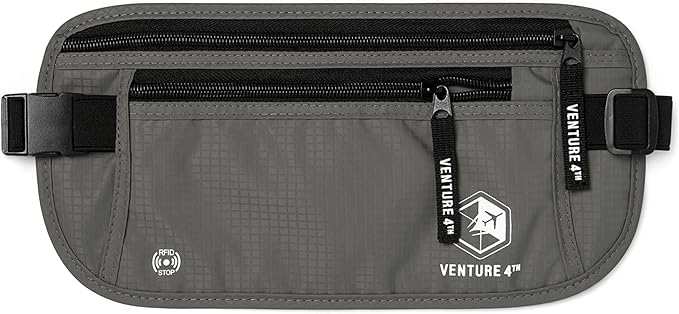 VENTURE 4TH Money Belt for Travel – Hidden Under-Clothes RFID Blocking Passport Holder & Slim Travel Wallet Pouch for Men & Women to Protect Cash, Cards & Documents (Gray)