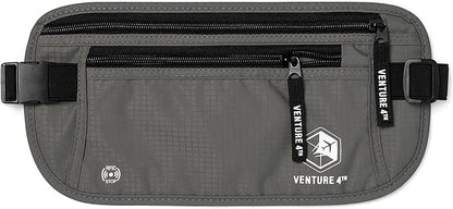 VENTURE 4TH Money Belt for Travel – Hidden Under-Clothes RFID Blocking Passport Holder & Slim Travel Wallet Pouch for Men & Women to Protect Cash, Cards & Documents (Gray)