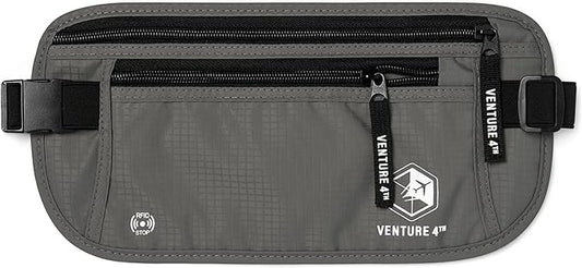 VENTURE 4TH Money Belt for Travel – Hidden Under-Clothes RFID Blocking Passport Holder & Slim Travel Wallet Pouch for Men & Women to Protect Cash, Cards & Documents (Gray)