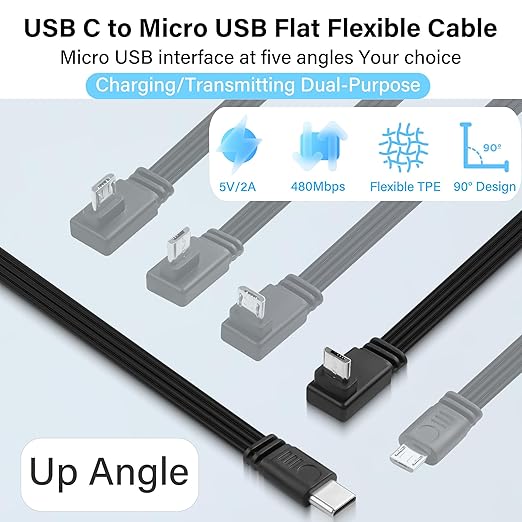 Flexible USB Type-C to Micro USB Cable,90 Degree Micro 5pin to USB C Flat Data Cable,Type C-to-Micro Short Flat Cable Supporting Charging& DataTransfer,for Phone,Camera,Laptop-30CM(Up)