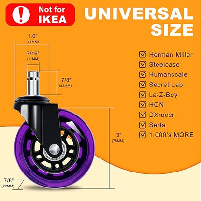 Office Chair Wheels for Casters Replacement - 3" Rubber Wheels for Computer Gaming Desk Caster Smooth & Safe Rolling for All Floors Including Hardwood and Carpet - Set of 5 - Purple