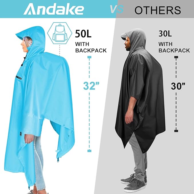 Andake Waterproof Rain Poncho for Adults Unisex,230T Ripstop Polyester,Raincoat Gear with Transparent Viewing Window Outdoors