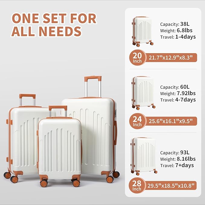 Karl home Luggage Sets 3 Piece, ABS Hardside Suitcase Set with Double Spinner Wheels & TSA Lock for Travel Business, 3-Piece Set (20/24/28), White & Brown