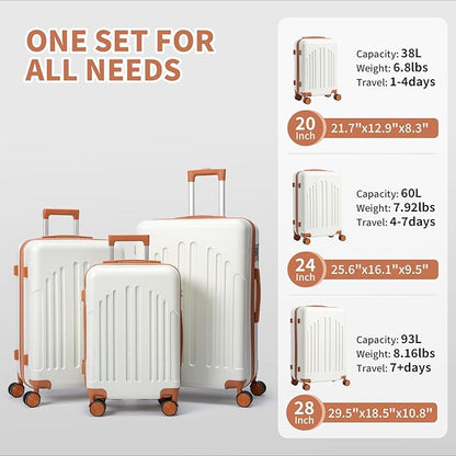Karl home Luggage Sets 3 Piece, ABS Hardside Suitcase Set with Double Spinner Wheels & TSA Lock for Travel Business, 3-Piece Set (20/24/28), White & Brown