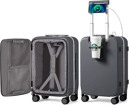mixi Carry On Luggage with Cup Phone Holder and Charger Hard Shell Suitcases with Spinner Wheels,20 Inch Rock Gray