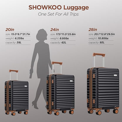 SHOWKOO Luggage Sets 3 Piece Hardside Expandable Suitcase with Double Spinner Wheels Tsa Lock Black (20in/24in/28in)