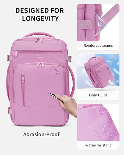 ECOHUB 17" Small Travel Backpack, United Airlines Personal Item Bag 17x10x9 with 16 Pockets, Water Resistant Rucksacks Fit 15.6" Laptop, AirTag Pocket, Lightweight Casual Daypack, 25L, Pink