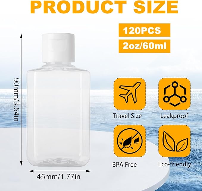 120 Pack 2 Oz Plastic Refillable Bottles with Flip Cap, Clear Hand Sanitizer Bottles, Travel Size Bottles with Flip Cap, Portable Reusable Containers with Lids for Shampoo,Body Soap,Toner, Lotion