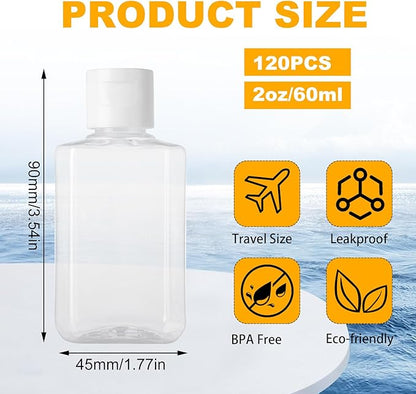120 Pack 2 Oz Plastic Refillable Bottles with Flip Cap, Clear Hand Sanitizer Bottles, Travel Size Bottles with Flip Cap, Portable Reusable Containers with Lids for Shampoo,Body Soap,Toner, Lotion