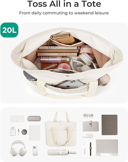 BAGSMART Tote Bag for Women, Foldable Tote Bag With Zipper Travel Large Shoulder Bag Handbag for Work-16.5''l X 6''wx 14''h