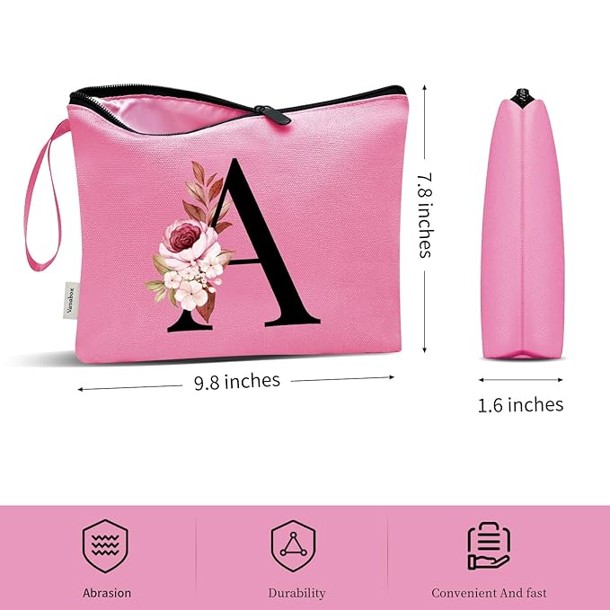 Vavabox A-Z Personalized Makeup Bag, Birthday Gifts for Women Mom, Gifts for Best Friend, Bride Bridesmaid Cosmetic bag (A, Peach)