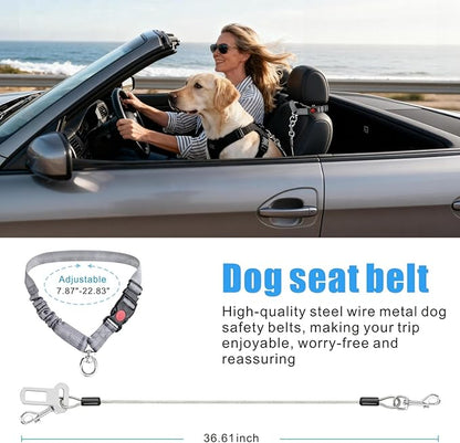 Idepet Dog Seat Belt for Car, 2 Pcs Stainless Steel Chew Proof Dog Seatbelt 3 in 1 Harness for Safety Heavy Duty Pet Seat Belt for Medium & Large Dogs (Grey