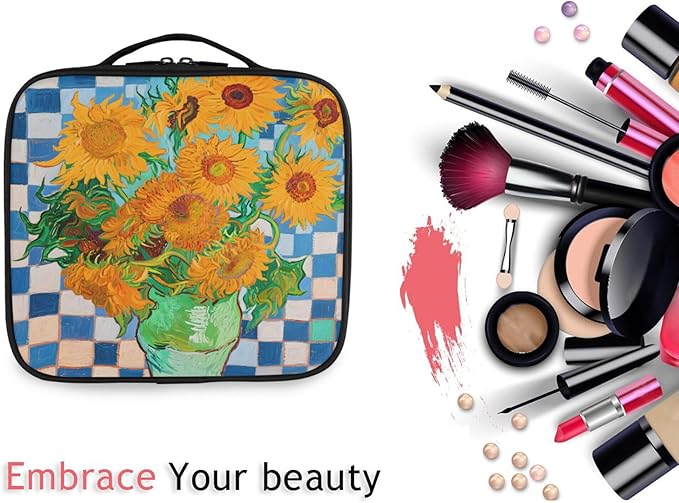 MNSRUU Travel Makeup Bag, Sunflower Blue and White Plaid Women Makeup Case Organizer Cosmetic Toiletry Bag for Teenage Girl with Adjustable Dividers