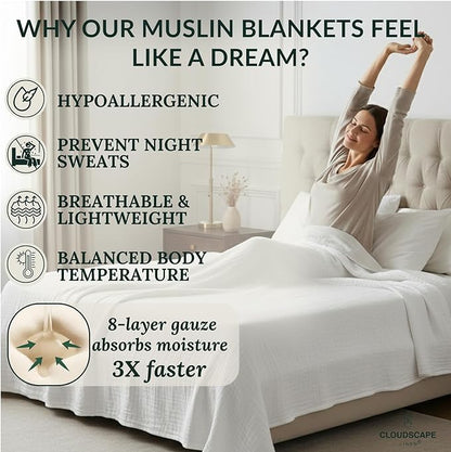 Cloud Scape Linen 8-Layer Muslin Blanket Queen Size - 100% Cotton, Soft and Breathable, Oversized Winter Blanket, Fits up to Full Size Bed, 92x92, White