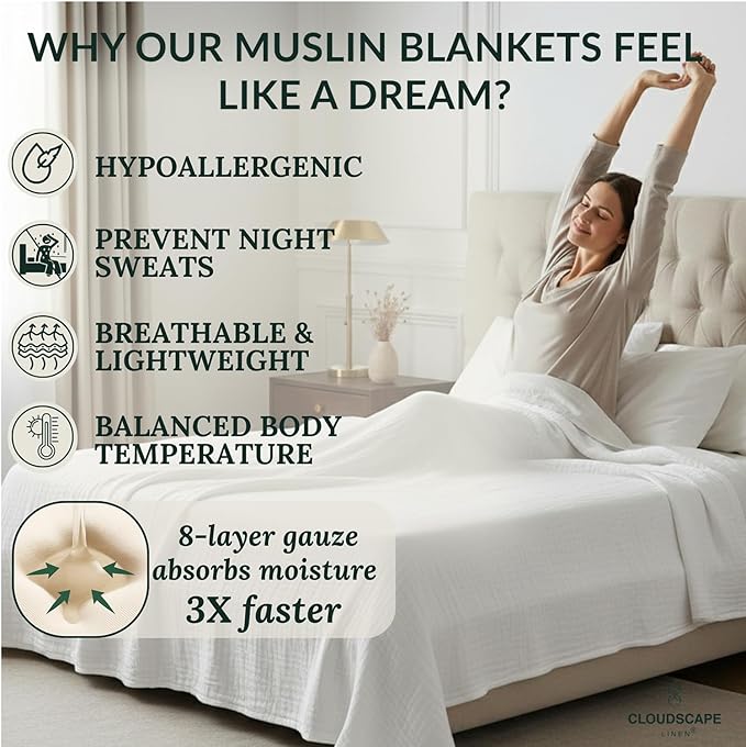 Cloud Scape Linen 8-Layer Muslin Blanket King Size for Adult - 100% Cotton, Heavy Weighted and Soft, All Season, Winter Cozy Blanket, Fits up to California King Bed, 92x108, White