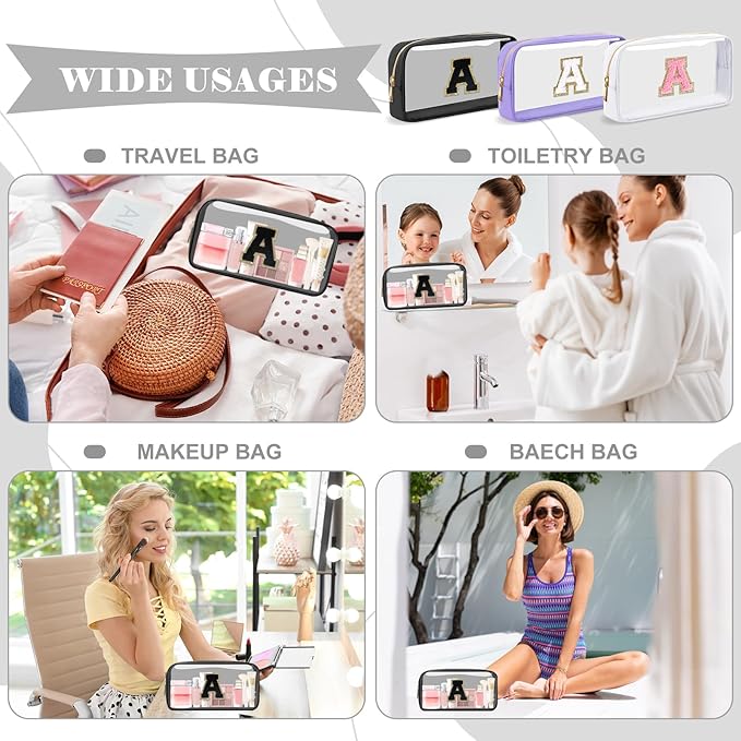 Personalized Initial Letter Clear Makeup Bag,Preppy Small Nylon&PVC Cosmetic Zipper Bag with Chenille Letter,Travel Skincare Toiletry Bag,Monogram Christmas Gift for Teen Girls Women,A