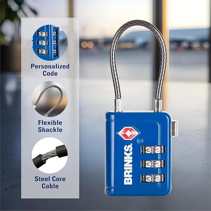 Brinks TSA Accepted Indicator Luggage Lock, Blue - Resettable 3-Dial Combination, 1.5 inch Long Cable Shackle, New More Secure TSA008 Key, 2 Pack