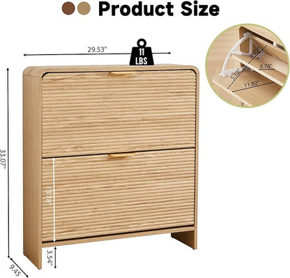 RARZOE Fluted Shoe Cabinet with 2 Flip Drawers, Narrow Curved Shoe Storage Cabinet for Entryway, Freestanding Wood Hidden Shoe Organizer Closed Shoe Rack Cabinet for Foyer, Hallway (29.5''Natural)