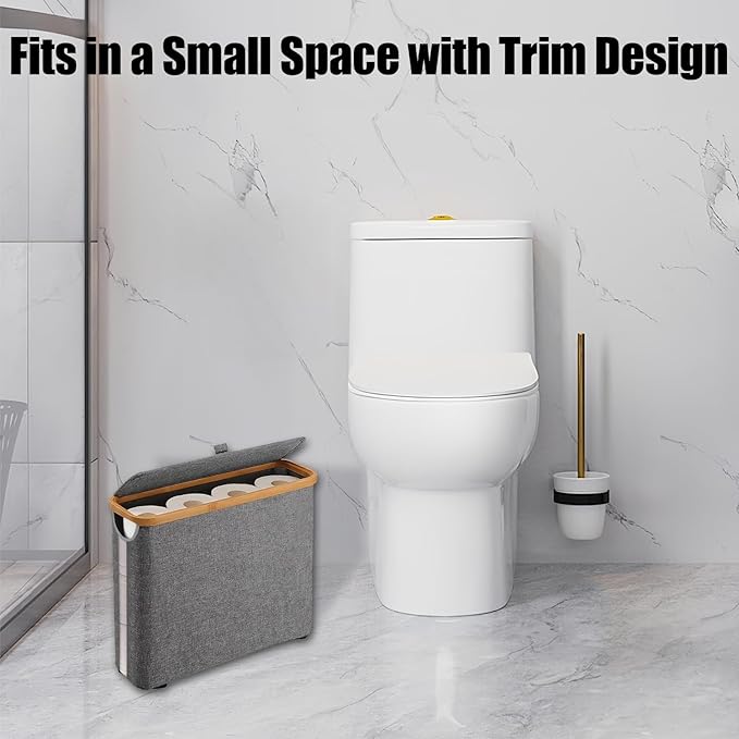 Toilet Paper Roll Storage, Bathroom Slim Toilet Paper Storage with Lid for 12 Rolls, Ultimate Bathroom Organizer with Anti-Slip Base, 17.8" x 6" x 13.8", Grey