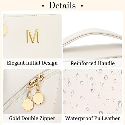 Birthday Gifts for Women Teen Girl, Personalized Initial Makeup Organizer Bag Set, Open Flat Travel Cosmetic Bag With Clear Divider and Handle(Beige,M)