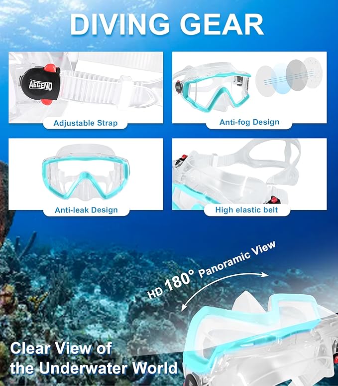 Aegend Snorkeling Gear for Adults Youth Kids, Dry Snorkel Set Panoramic View Enhanced Anti-Leak and Anti-Fog Technology, Adjustable Strap for Snorkeling Scuba Diving Swimming with Mesh Bag