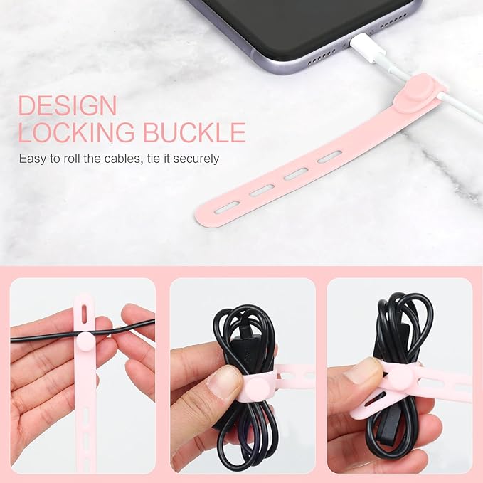 Donruby 24Pcs Silicone Cable Ties - Reusable & Washable with Locking Buckle Design, Adjustable Fastening Cable Straps, Multi-Purpose High Elasticity Cord Organizer (Pink)