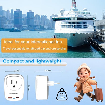 Type C Plug Adapter, VooLerTun Frence Germany Travel Adapter with 30W Fast Charge Power Adapter Dual Ports Compatible iPhone 17/16 Series, 1 American Outlet Adapter, US Converter for European Travel