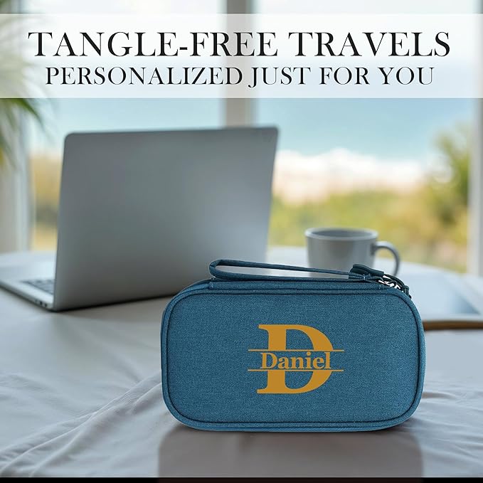 Personalized Electronics Organizer Travel Case – Custom Name Compact Cable Storage Bag for Chargers, Cords, USB Flash Drives – Waterproof Tech Pouch for Travel, Business and Daily Organization- Green