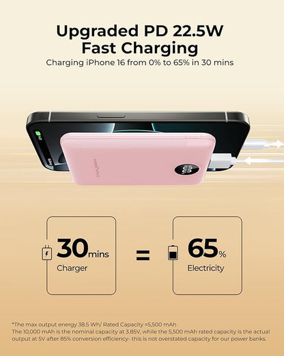 Small Portable Charger 10000mAh, Mini Power Bank with LED Display, 22.5W PD Fast Charging USB-C Battery Pack, Compact Lightweight Travel Charger Compatible with iPhone Samsung Android, Pink
