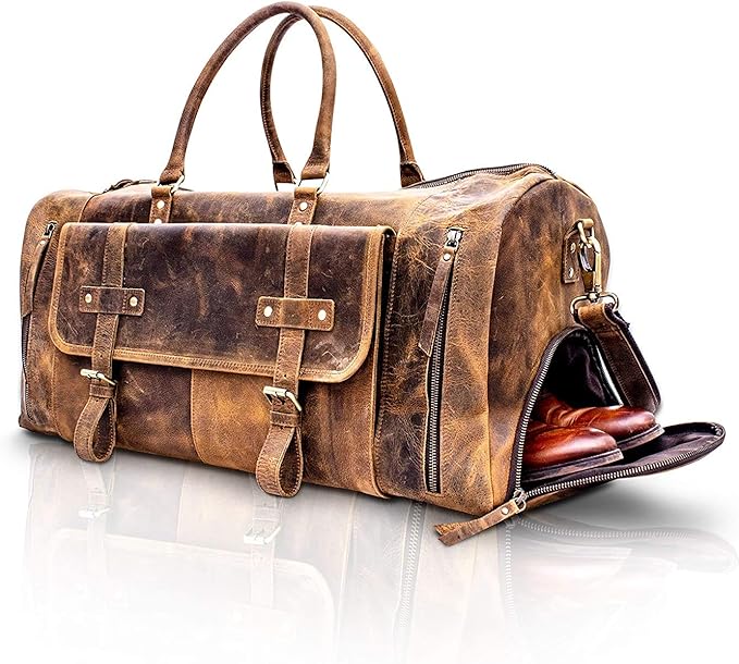 KomalC 24 Inch Leather Duffel Bags for Men and Women Full Grain Leather Travel Overnight Weekend Bags Sports Gym Duffle for Men (Brown Tan with shoe pocket)