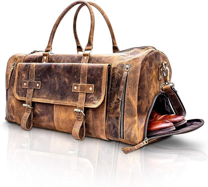 KomalC 24 Inch Leather Duffel Bags for Men and Women Full Grain Leather Travel Overnight Weekend Bags Sports Gym Duffle for Men (Brown Tan with shoe pocket)