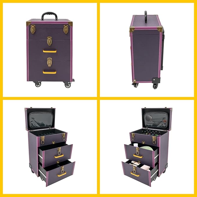 Rolling Makeup Case w/ 2 Keys, 3-tier Lockable Makeup Train Case w/ Drawers, Removable Baffle Nail Polish Organizer, Travel Cosmetic Case w/ 17.7in Telescopic Rod, 14.2*9*19.3in, Bronze Latch+Purple