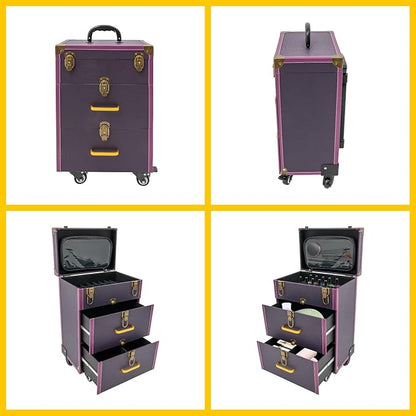 Rolling Makeup Case w/ 2 Keys, 3-tier Lockable Makeup Train Case w/ Drawers, Removable Baffle Nail Polish Organizer, Travel Cosmetic Case w/ 17.7in Telescopic Rod, 14.2*9*19.3in, Bronze Latch+Purple