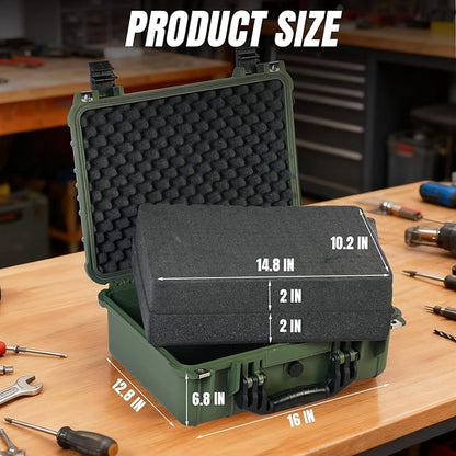 16x 12.8x 6.8 Inch Hard Case, Portable Weather Waterproof Protective Camera Case with Customizable Foam, Fit Use of Drones, Camera, Equipments, Green