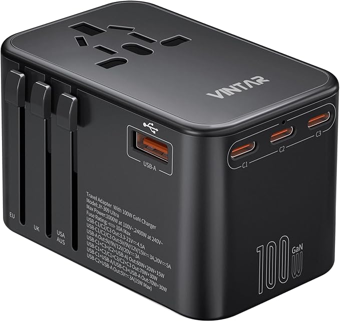 Universal Travel Adapter, VINTAR 100W GaN International Power Adapter with 3 USB C PD and 1 USB A QC, All in One Plug Adapter, Travel Adapter Worldwide for EU/UK/USA/AUS(Type C/G/A/I)
