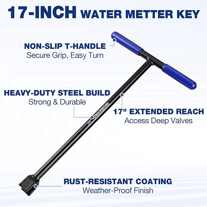WORKPRO 17" Water Meter Key with 4 Way Utility Key, Heavy Duty Steel Water Shut Off Curb Key with Non-Slip T-Handle, Extended Reach Valve Tool for Outdoor Underground Water Valves