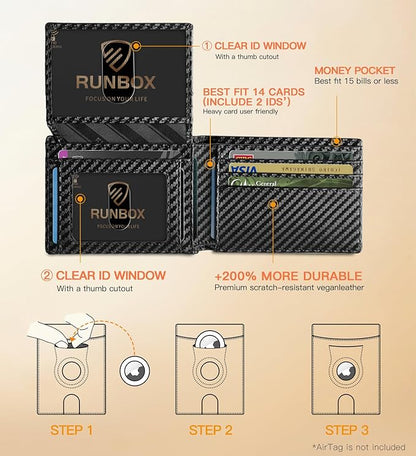 RUNBOX Wallet for Men Slim Rfid Leather 2 ID Window With Gift Box
