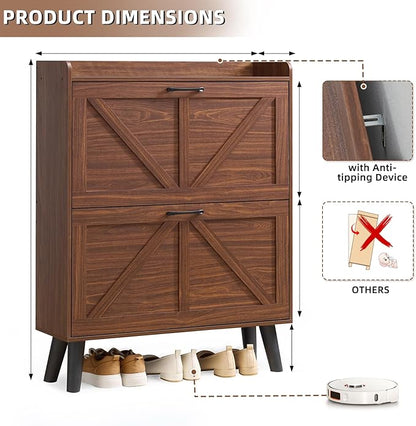LEYAOYAO Shoe Storage Cabinet with 2 Flip Drawers，Narrow Shoe Storage Cabinet Organizer with Legs for Entryway Hallway, Living Room, Bedroom，Hidden Slim Storage Narrow Shoe Rack Cabinet,Walnut