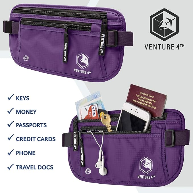 VENTURE 4TH Money Belt for Travel – Hidden Under-Clothes RFID Blocking Passport Holder & Slim Travel Wallet Pouch for Men & Women to Protect Cash, Cards & Documents (Purple)