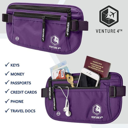 VENTURE 4TH Money Belt for Travel – Hidden Under-Clothes RFID Blocking Passport Holder & Slim Travel Wallet Pouch for Men & Women to Protect Cash, Cards & Documents (Purple)
