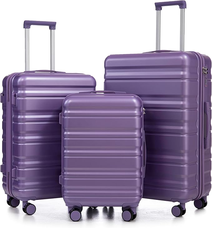 Campfun 3 Piece Luggage Sets, ABS Suitcase Set with Double Spinner Wheels Hang Hook, Durable Carry On Luggage with Combination Lock, 20/24/28 inch, Purple