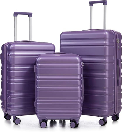 Campfun 3 Piece Luggage Sets, ABS Suitcase Set with Double Spinner Wheels Hang Hook, Durable Carry On Luggage with Combination Lock, 20/24/28 inch, Purple