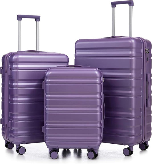 Campfun 3 Piece Luggage Sets, ABS Suitcase Set with Double Spinner Wheels Hang Hook, Durable Carry On Luggage with Combination Lock, 20/24/28 inch, Purple